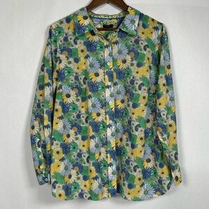 Talbots Yellow, Green and Blue Casual Button Down Shirt Vibrant Floral Design